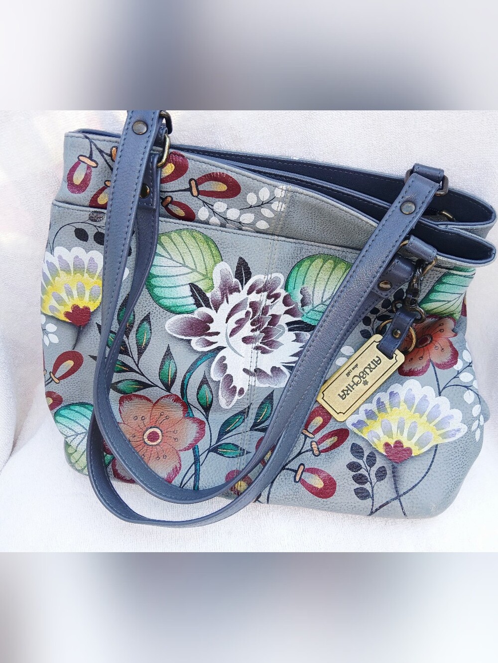Anuschka Gray Hand-Painted Floral Leather Shoulder Bag with Dark Gray Straps